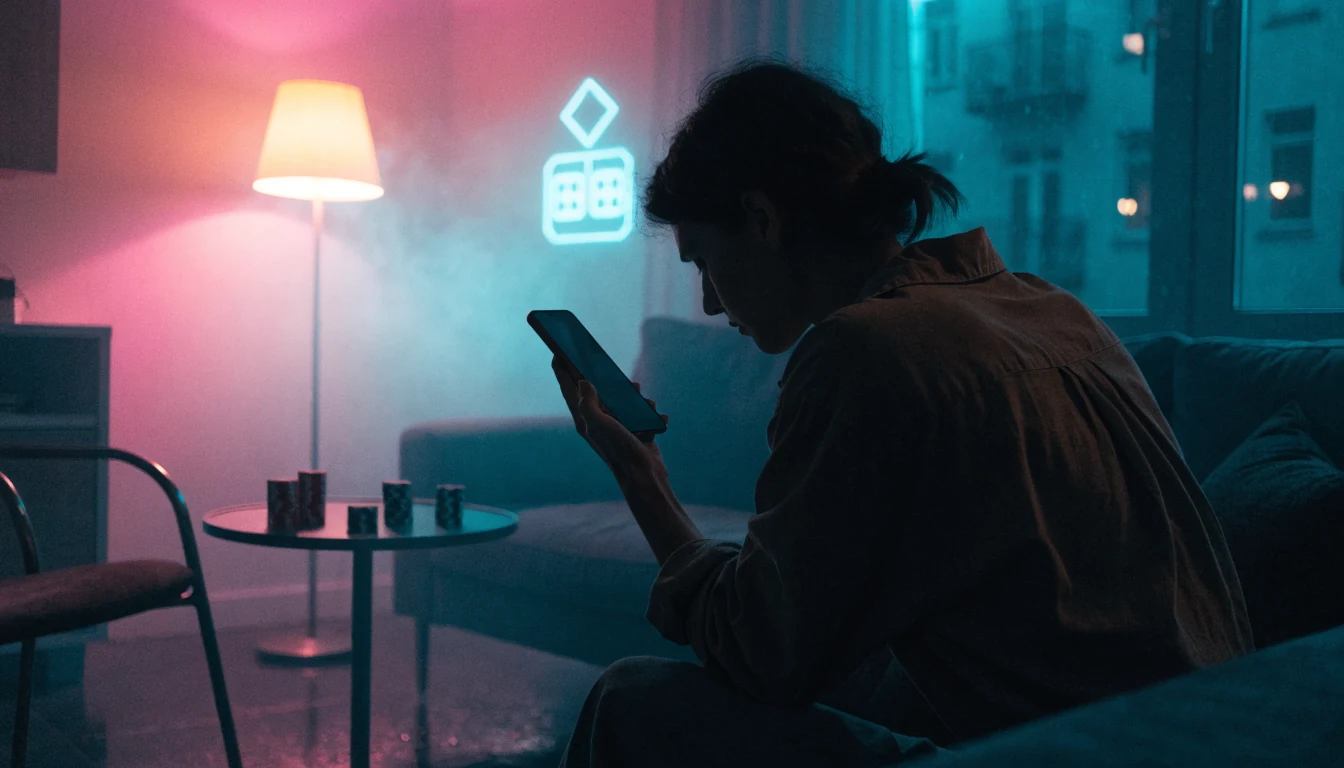 Person auf Sofa mit Smartphone und Casino-Chips im Wohnzimmer.