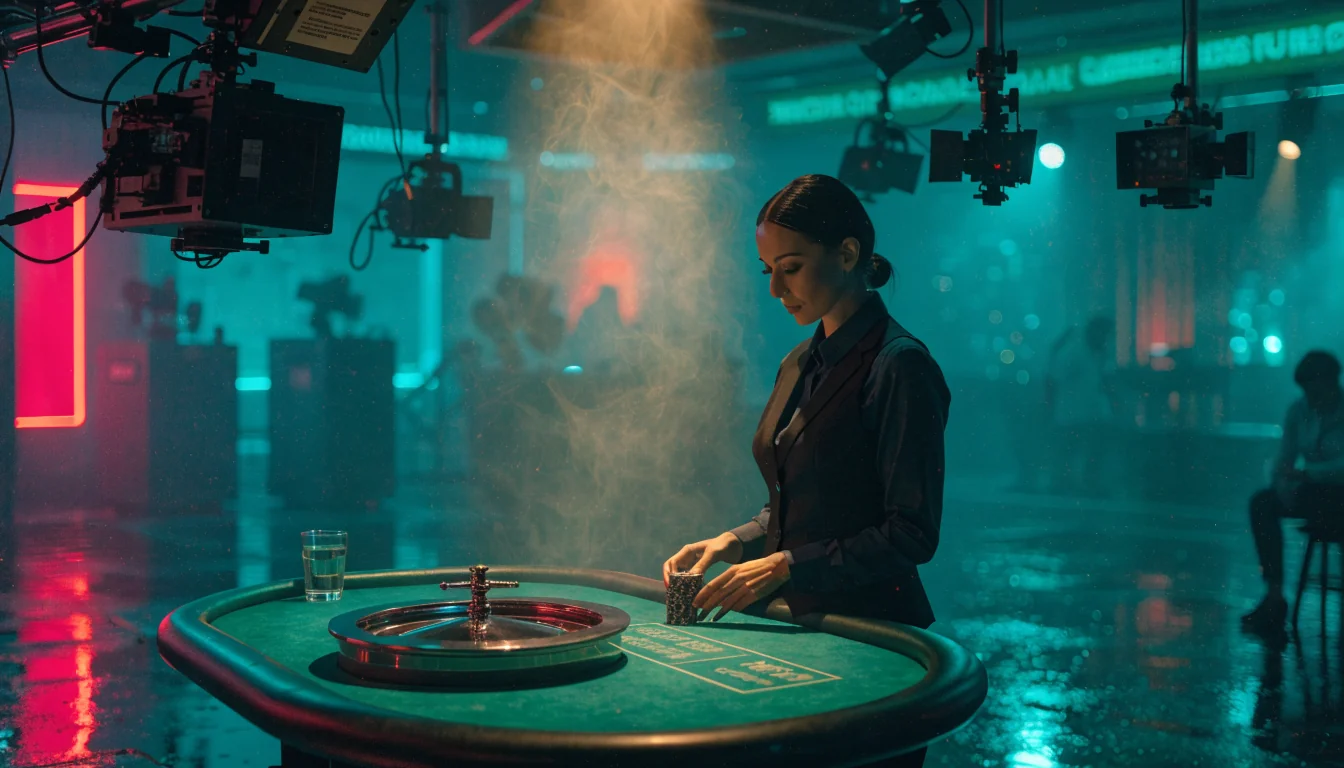 Live-Dealer-Casino-Studio mit professionellem Croupier und Roulette-Tisch unter Studiobeleuchtung