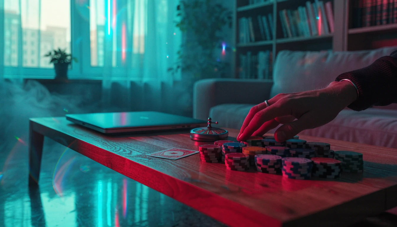 Helles deutsches Wohnzimmer mit Casino-Chips und Roulette auf dem Tisch.